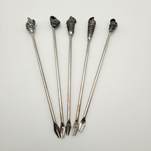 Vintage Seashell Cocktail Picks Set of 5 Antiqued Pewter Designs by Metzke - Picture 2 of 5